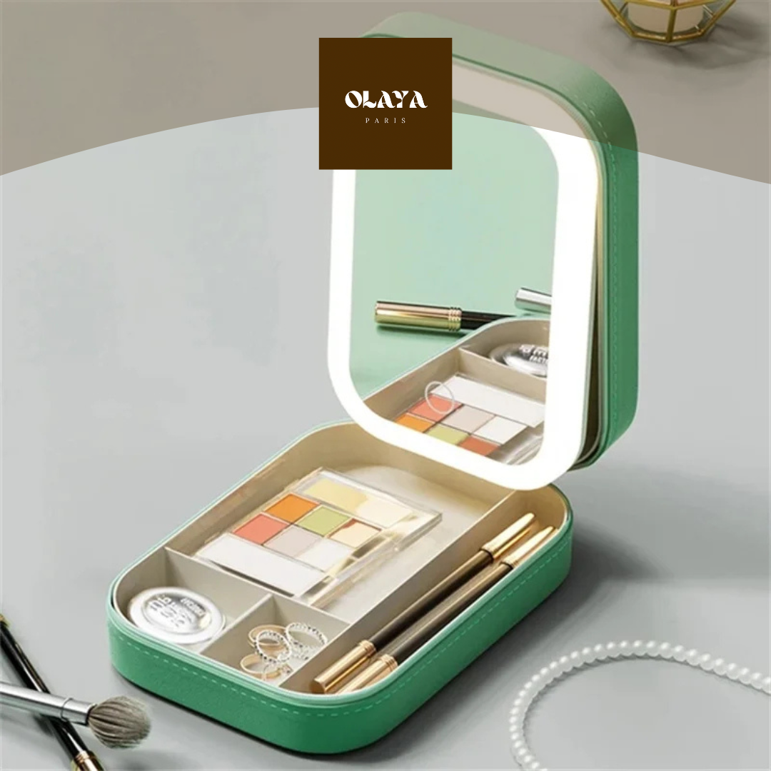 Photo présentation du produit boite maquillage miroir vert avec du maquillage de chez Olaya