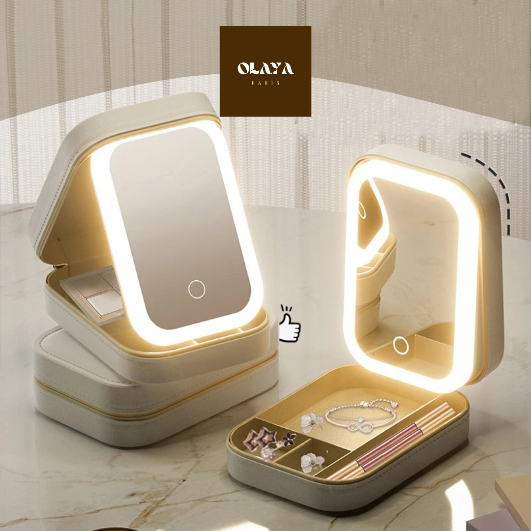 Photo présentation du produit boite maquillage miroir blanc de chez Olaya 